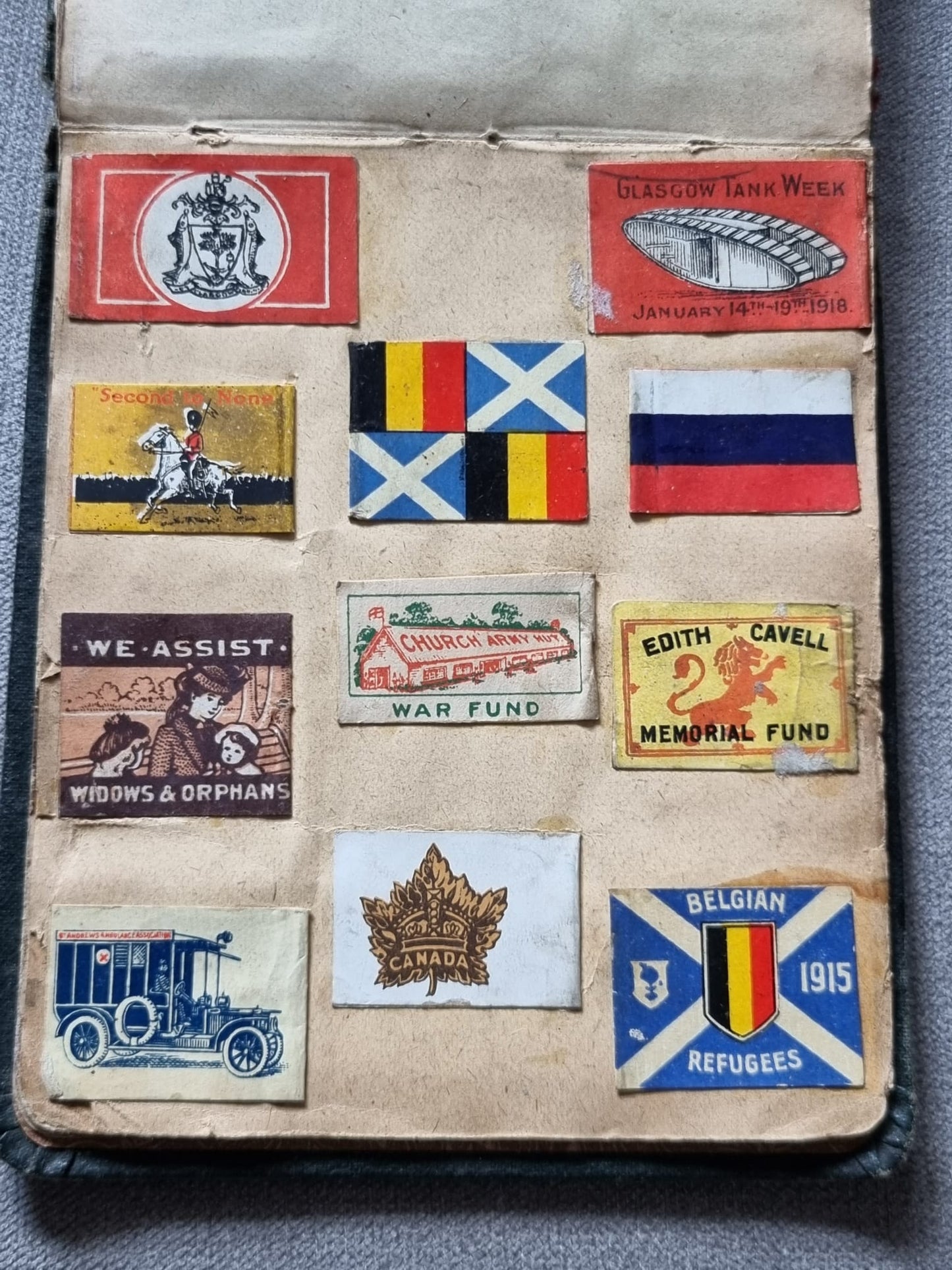 SOLD! Unique WW1 British Soldier’s Scrapbook/Photo and Penny Flag Album, with Cartoons
