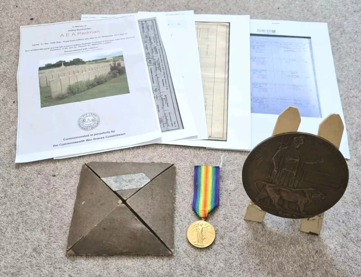 SOLD! WW1 Death Plaque & Medal Group to Author Edward Albert Redman, 156th Brigade, Royal Field Artillery