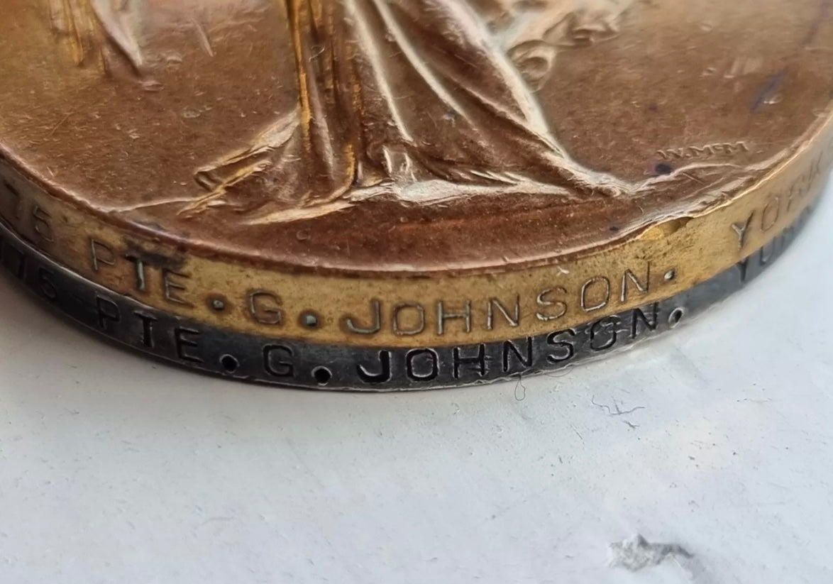 SOLD! WW1 Death Plaque & Medal Group to Corporal George Johnson, 7th King’s Own Yorkshire Light Infantry