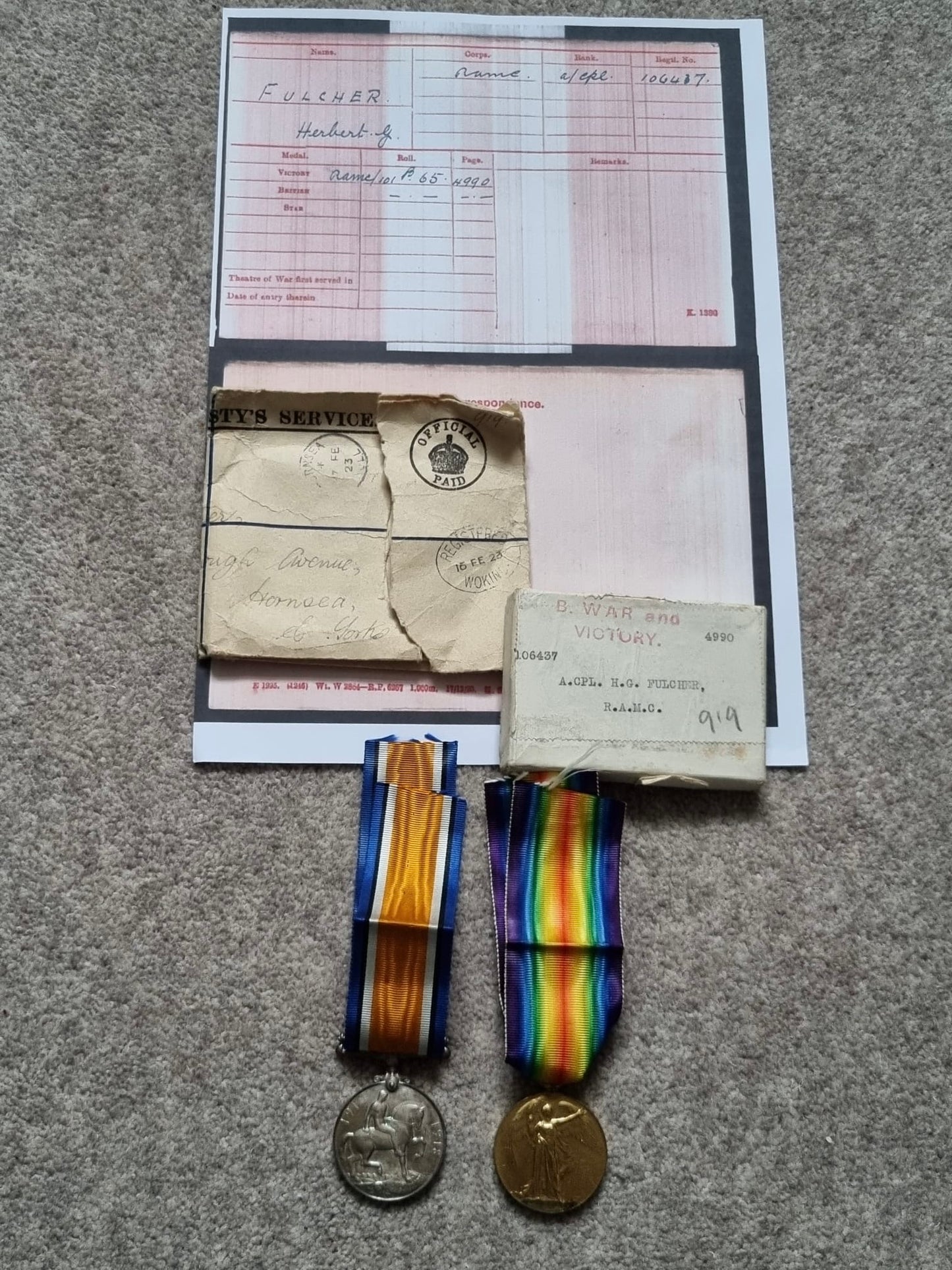 SOLD! WW1 British Medal Duo to Acting Corporal Herbert G Fulcher- Royal Army Medical Corps