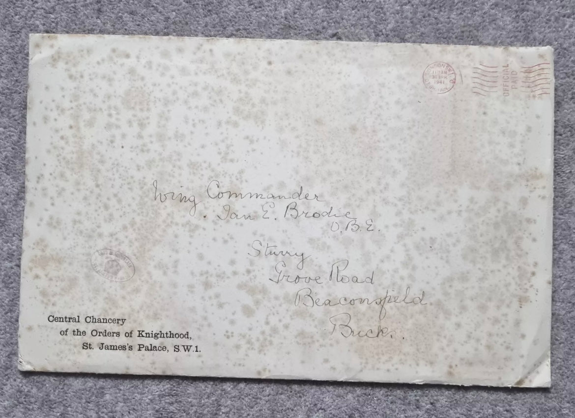 SOLD! WW2 OBE Certificate to Wing Commander Ian Brodie, close associate of T.E Lawrence (of Arabia) and Battle of Britain, Wing Commander