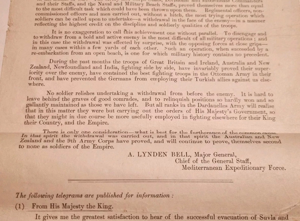 SOLD! WWI Special Order of the Day- Dardanelles Evacuation Leaflet, 21st December 1915