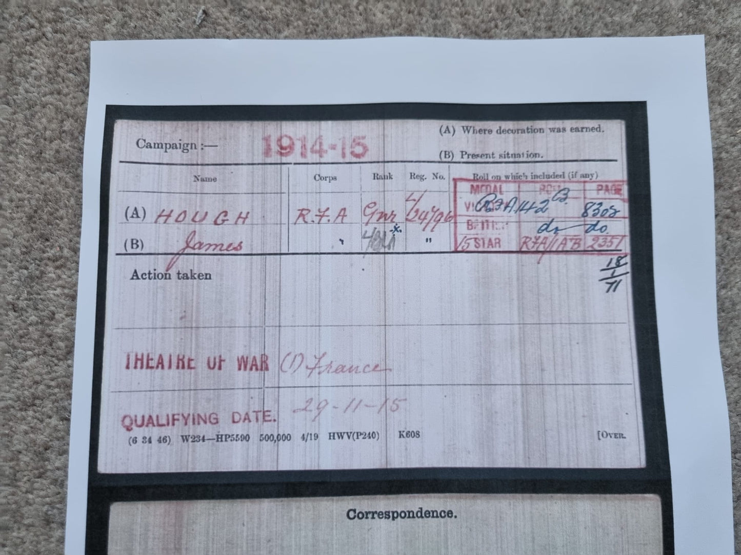 SOLD! WW1 British Medal Set to Gunner/Lance Bombardier James Hough, Royal Field Artillery