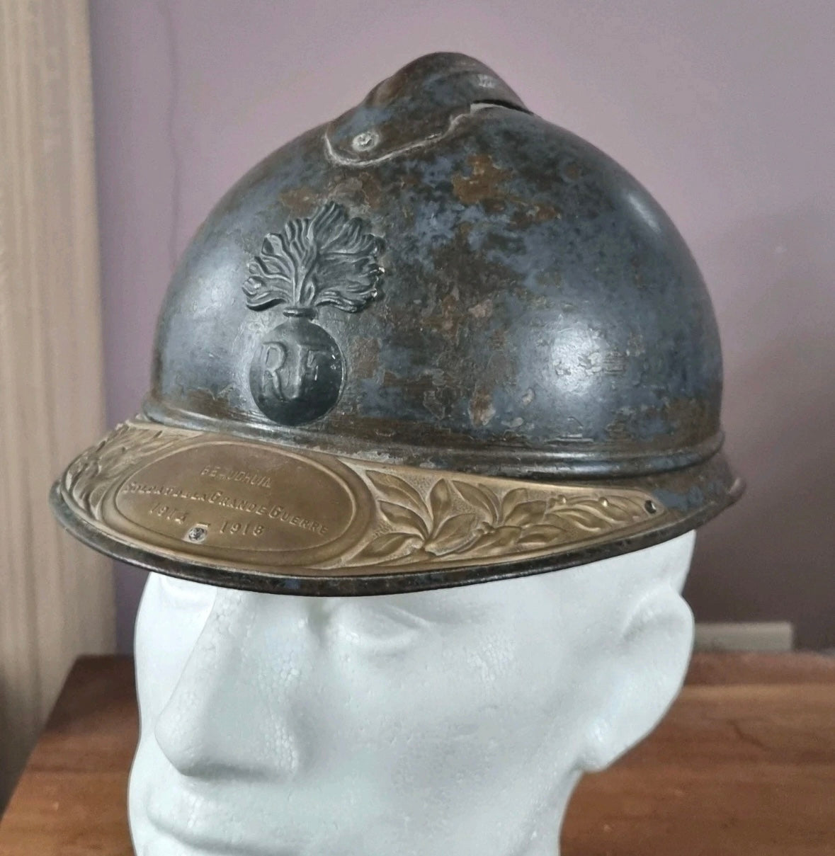 SOLD! WW1 Colonial French Infantry M15 ‘Adrian’ Helmet Shell, With Officer’s Named Veterans Plate