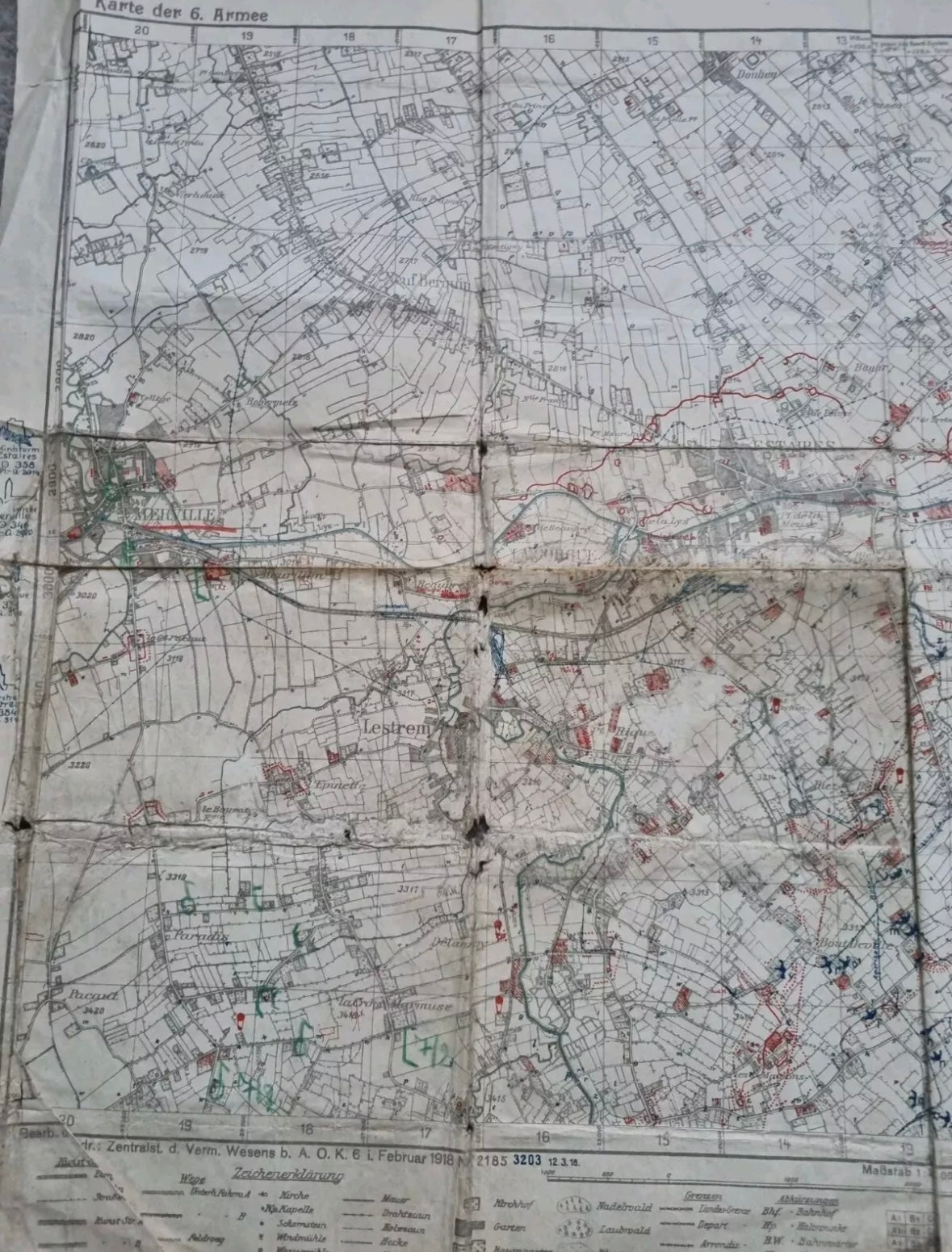 SOLD! WW1 German 6th Army Trench Map - Merville Area 3rd March 1918