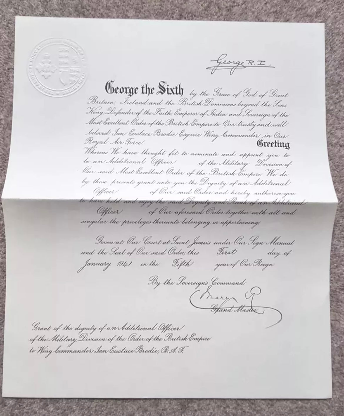 SOLD! WW2 OBE Certificate to Wing Commander Ian Brodie, close associate of T.E Lawrence (of Arabia) and Battle of Britain, Wing Commander