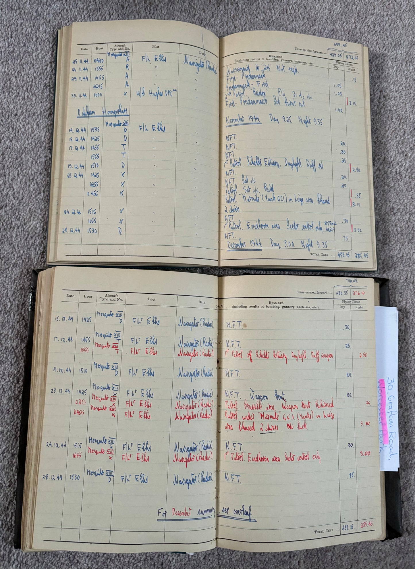 SOLD! Incredibly Special Logbook Set to a Mosquito Night Fighter, 604 Squadron, 2 Confirmed Kills, D-Day, Battle of the Bulge, First Night Fighter Squadron into Normandy