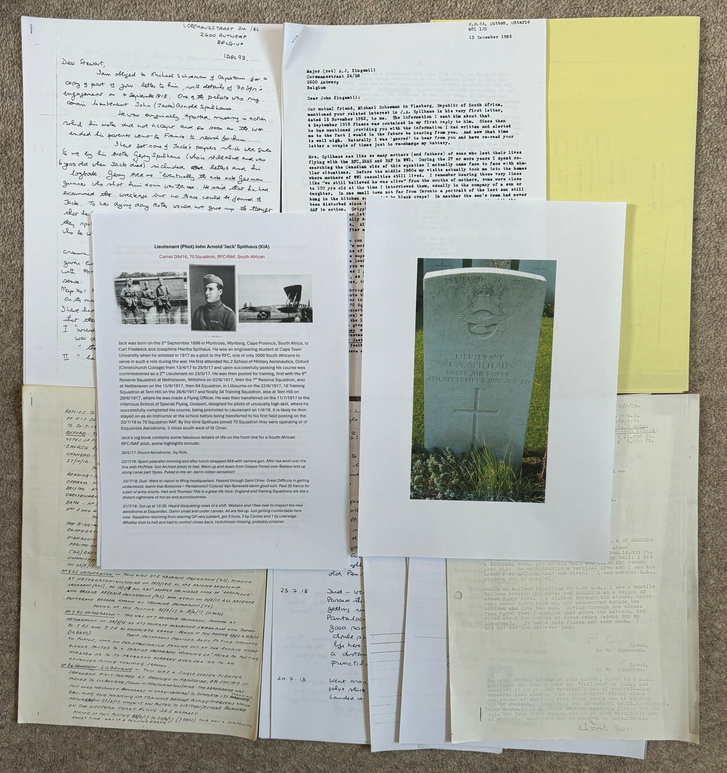 SOLD! Historically significant RFC Logbook Group to South African Pilot, Lieutenant John Arnold Spilhaus (KIA), 70 Squadron