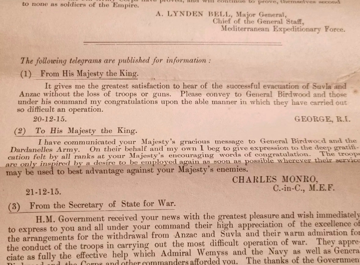 SOLD! WWI Special Order of the Day- Dardanelles Evacuation Leaflet, 21st December 1915