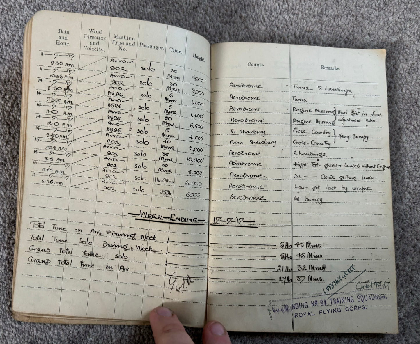 SOLD! Historically significant RFC Logbook Group to South African Pilot, Lieutenant John Arnold Spilhaus (KIA), 70 Squadron