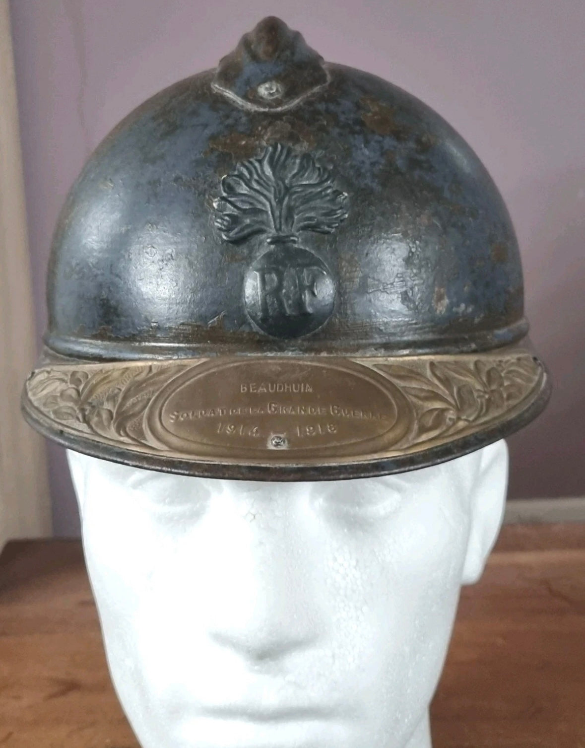 SOLD! WW1 Colonial French Infantry M15 ‘Adrian’ Helmet Shell, With Officer’s Named Veterans Plate