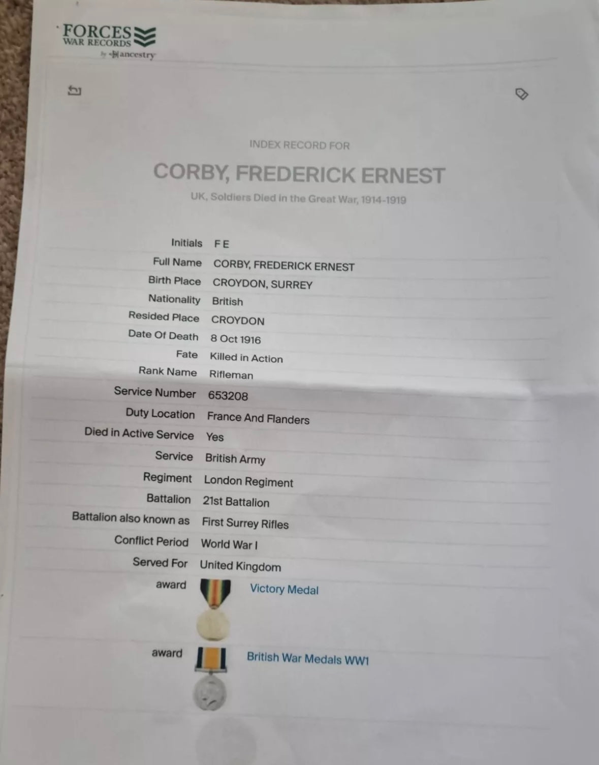 WW1 Death Plaque to Private Frederick Ernest Corby, 1st Surrey Rifles (London Regiment)