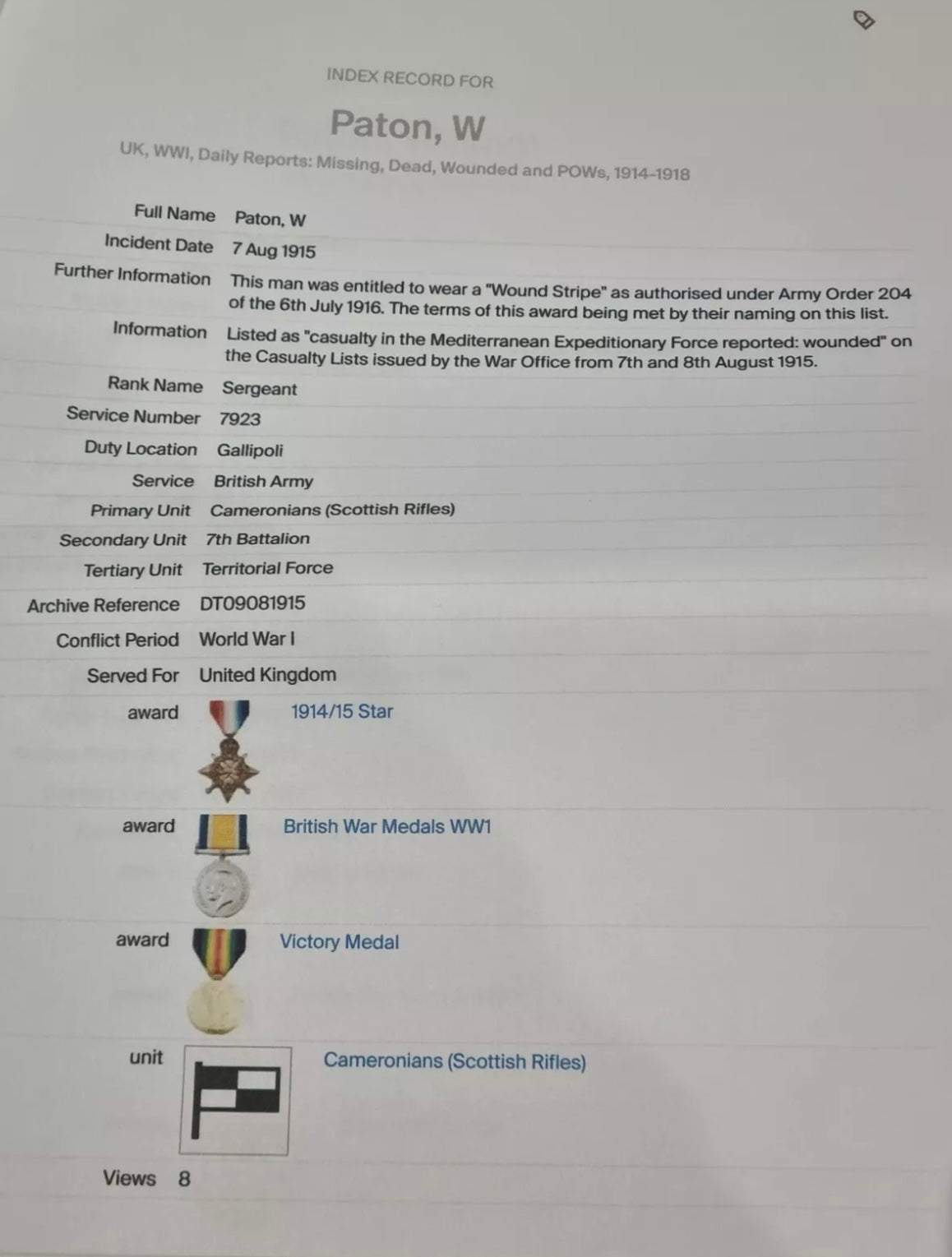 SOLD! WW1 Territorial Efficiency Medal Group to Sergeant William Paton, 1/8th Cameronians (Scottish Rifles), WIA x2, Gallipoli