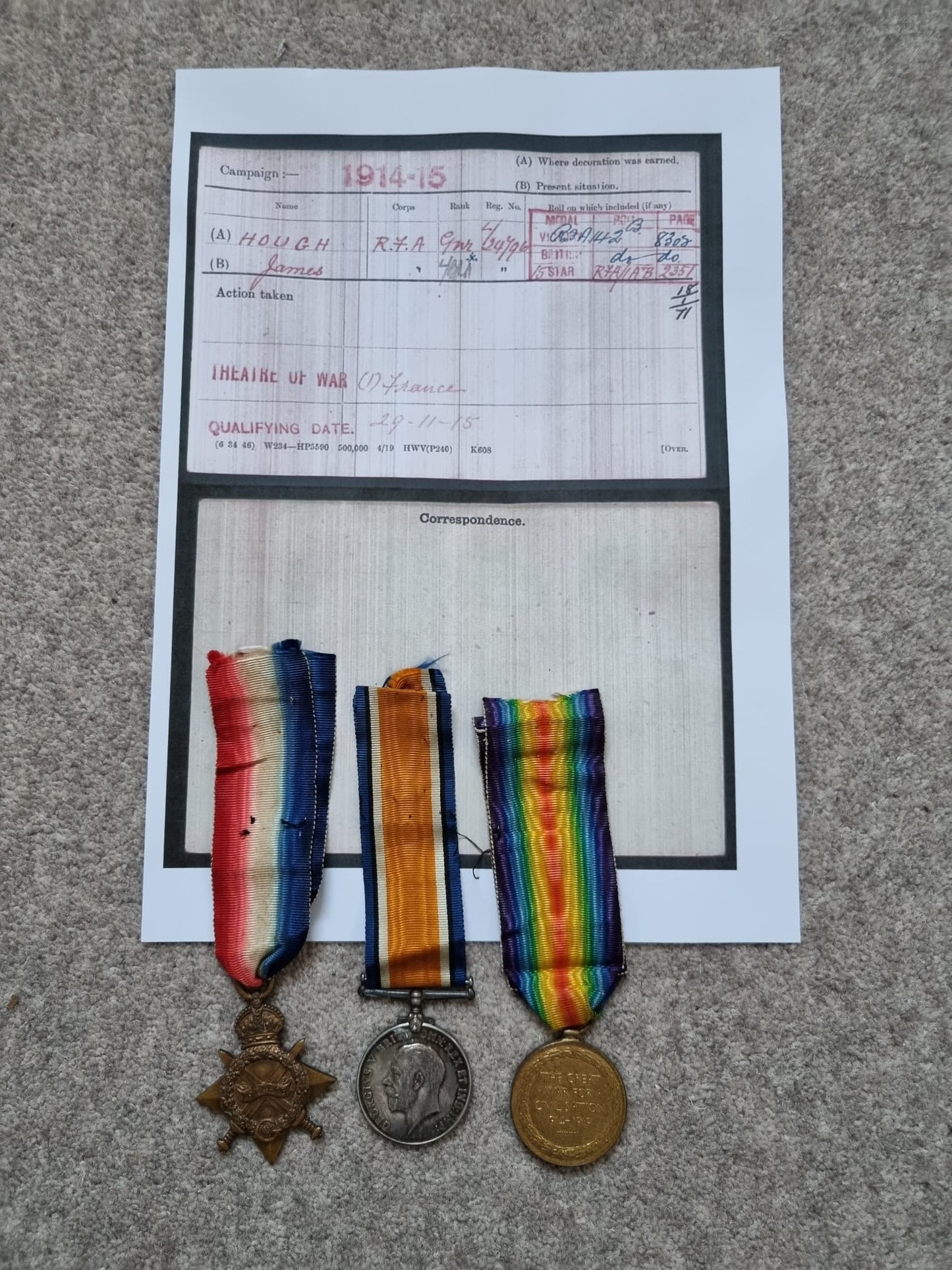 SOLD! WW1 British Medal Set to Gunner/Lance Bombardier James Hough, Royal Field Artillery