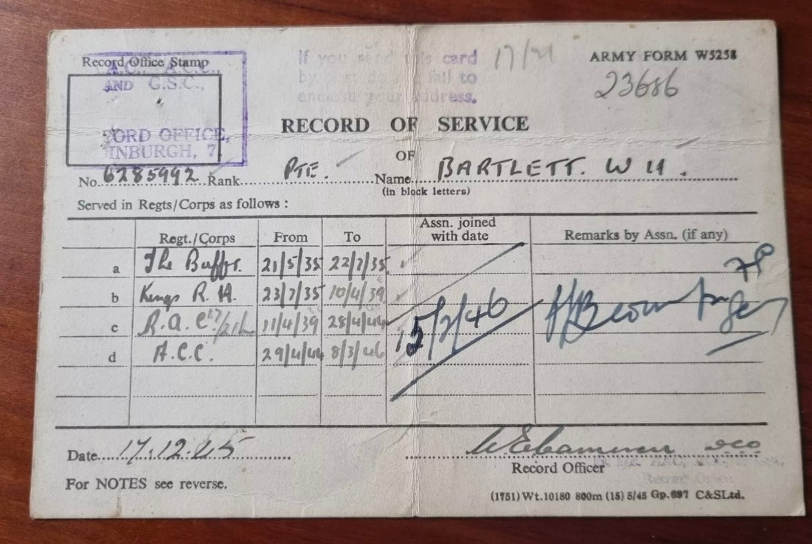 SOLD! WW2 Royal Armoured Corps, North Africa Medal and Ephemera Group to Private William Henry Bartlett (6285992)