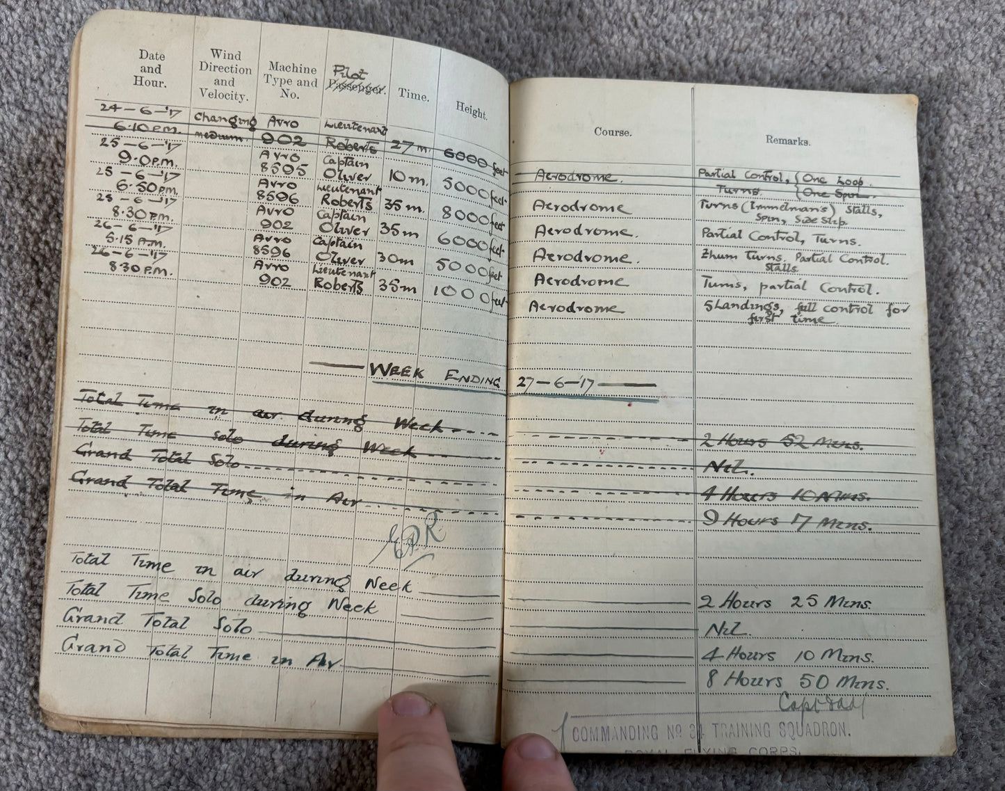 SOLD! Historically significant RFC Logbook Group to South African Pilot, Lieutenant John Arnold Spilhaus (KIA), 70 Squadron
