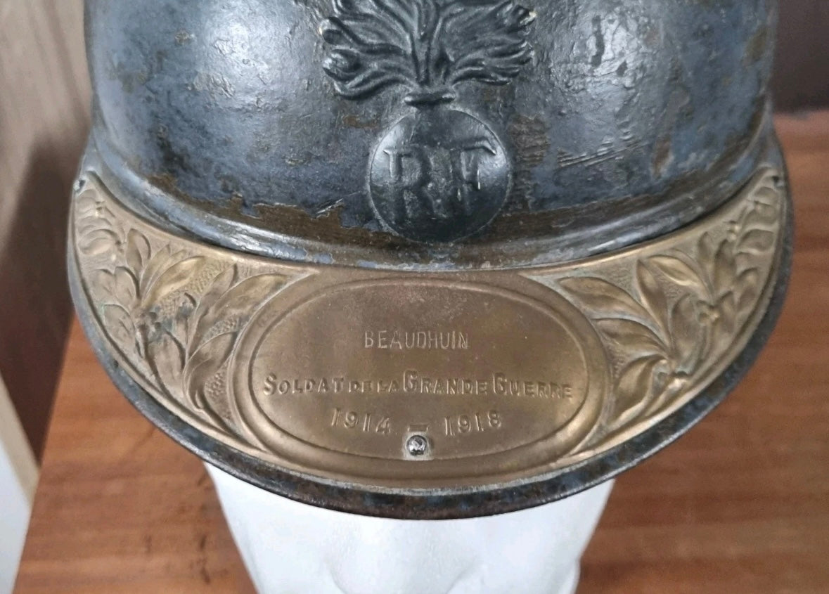 SOLD! WW1 Colonial French Infantry M15 ‘Adrian’ Helmet Shell, With Officer’s Named Veterans Plate