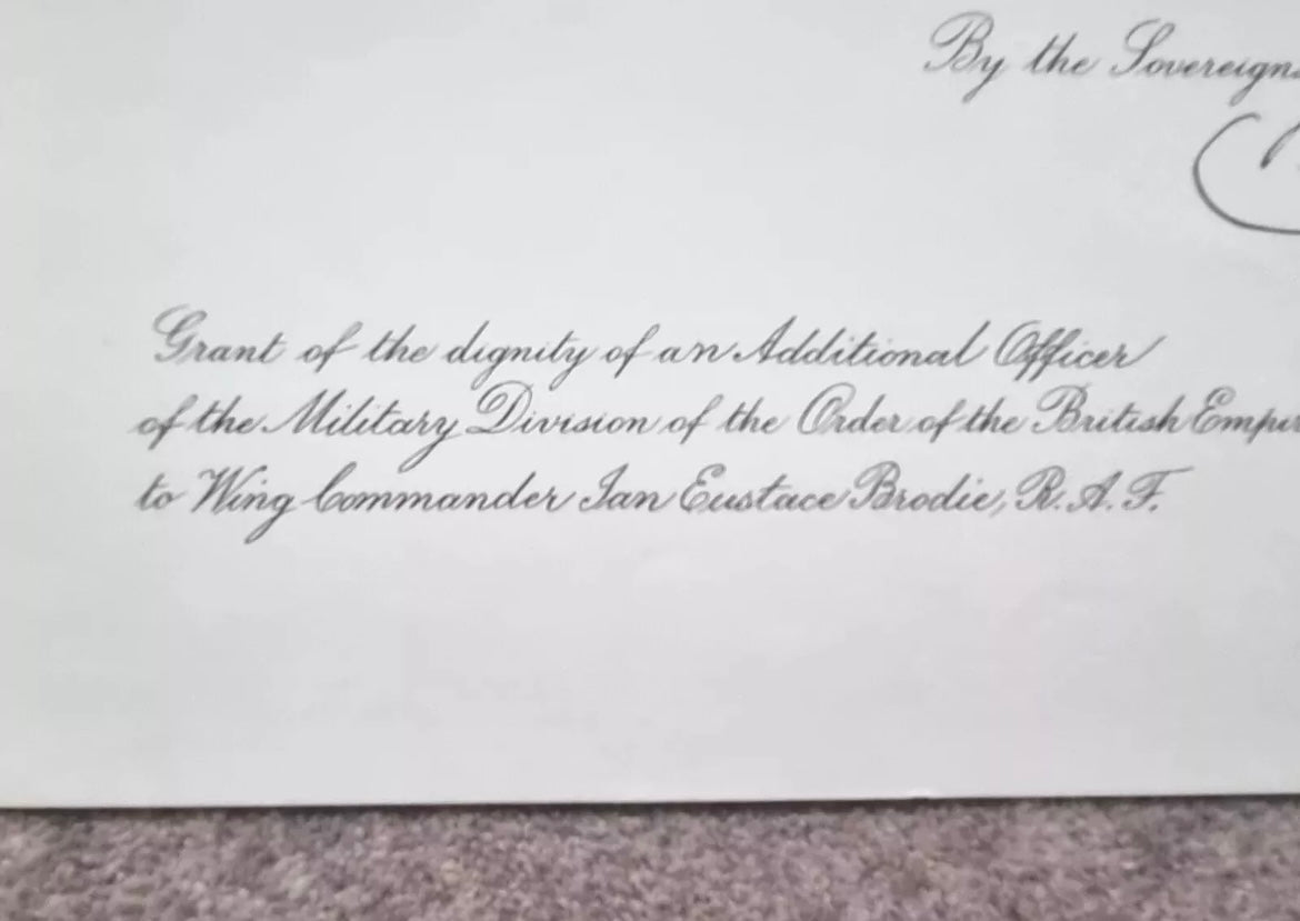 SOLD! WW2 OBE Certificate to Wing Commander Ian Brodie, close associate of T.E Lawrence (of Arabia) and Battle of Britain, Wing Commander