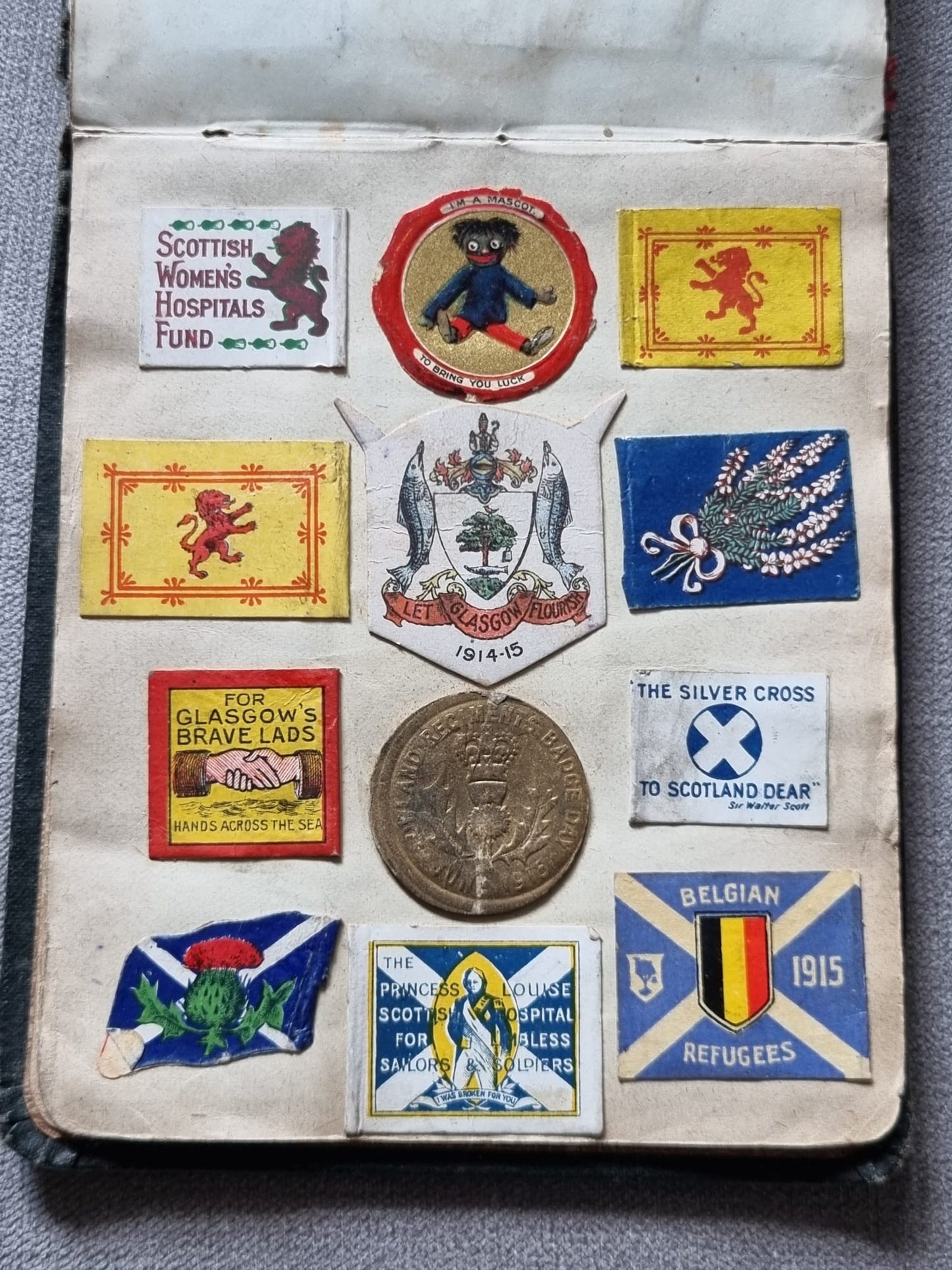 SOLD! Unique WW1 British Soldier’s Scrapbook/Photo and Penny Flag Album, with Cartoons