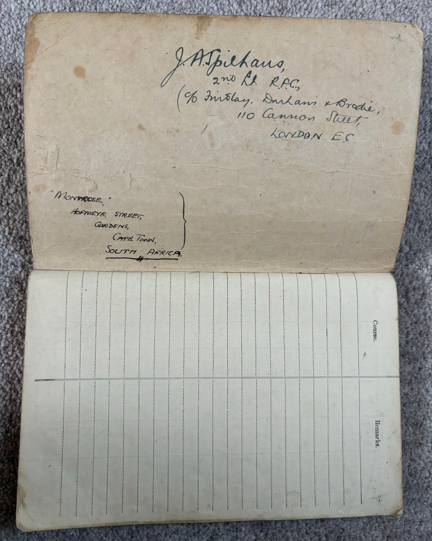 SOLD! Historically significant RFC Logbook Group to South African Pilot, Lieutenant John Arnold Spilhaus (KIA), 70 Squadron