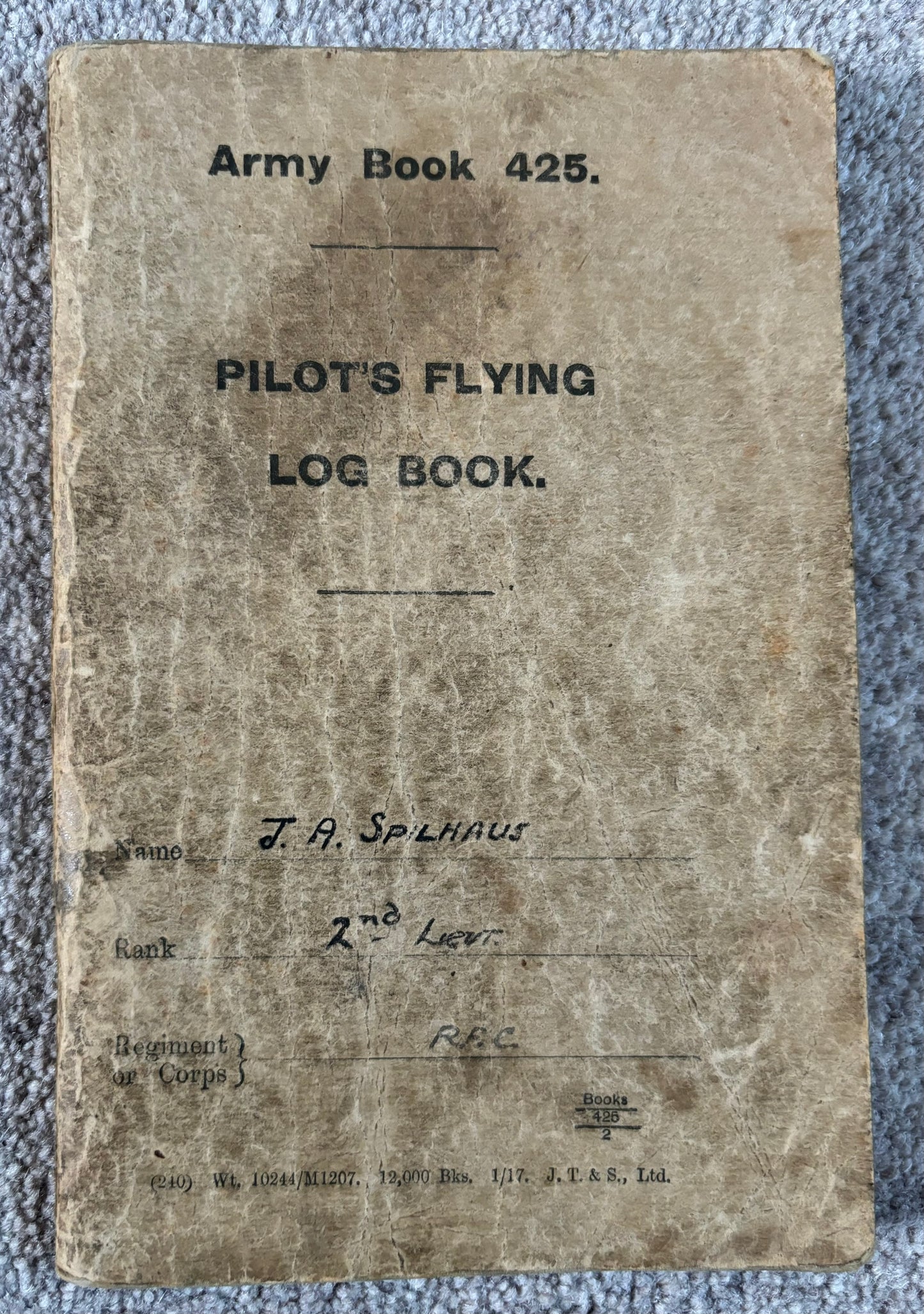 SOLD! Historically significant RFC Logbook Group to South African Pilot, Lieutenant John Arnold Spilhaus (KIA), 70 Squadron
