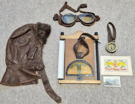 SOLD! WW1 British Royal Flying Corps Collection, including Flying Helmet, Goggles, Wrist Compass and Map Board