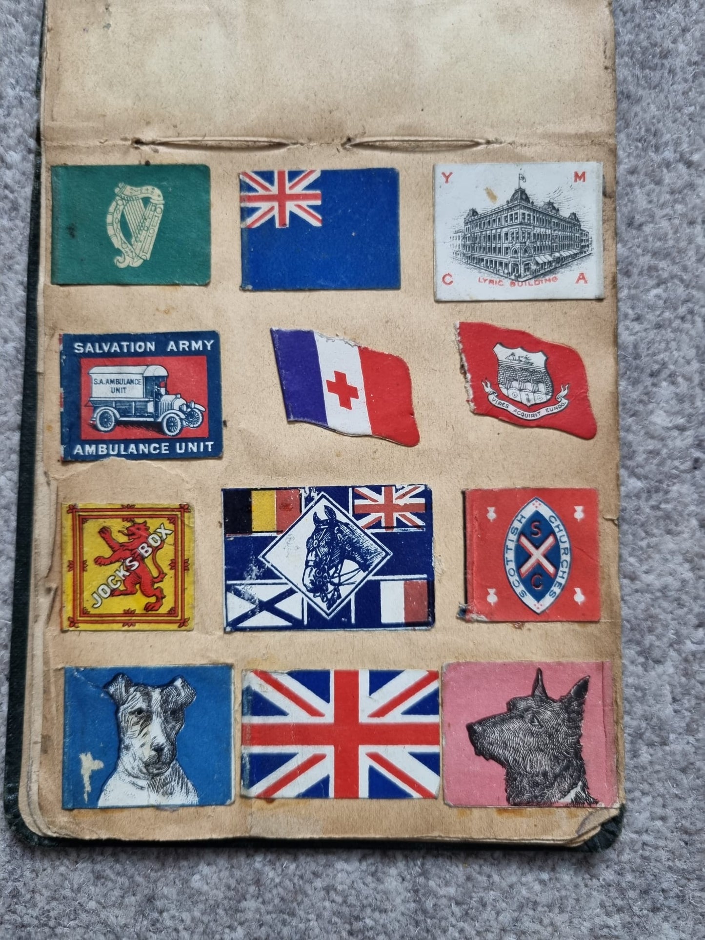 SOLD! Unique WW1 British Soldier’s Scrapbook/Photo and Penny Flag Album, with Cartoons
