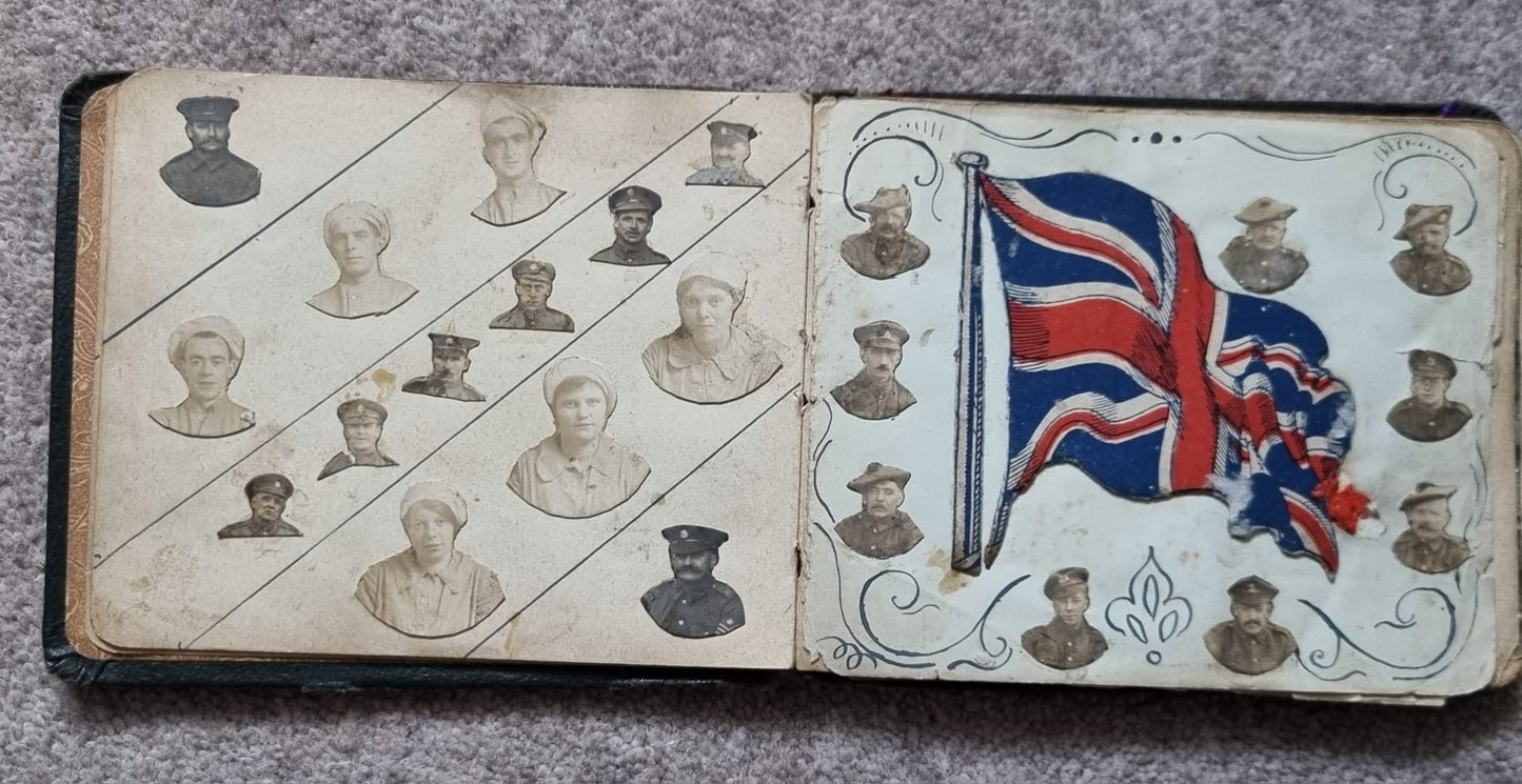 SOLD! Unique WW1 British Soldier’s Scrapbook/Photo and Penny Flag Album, with Cartoons