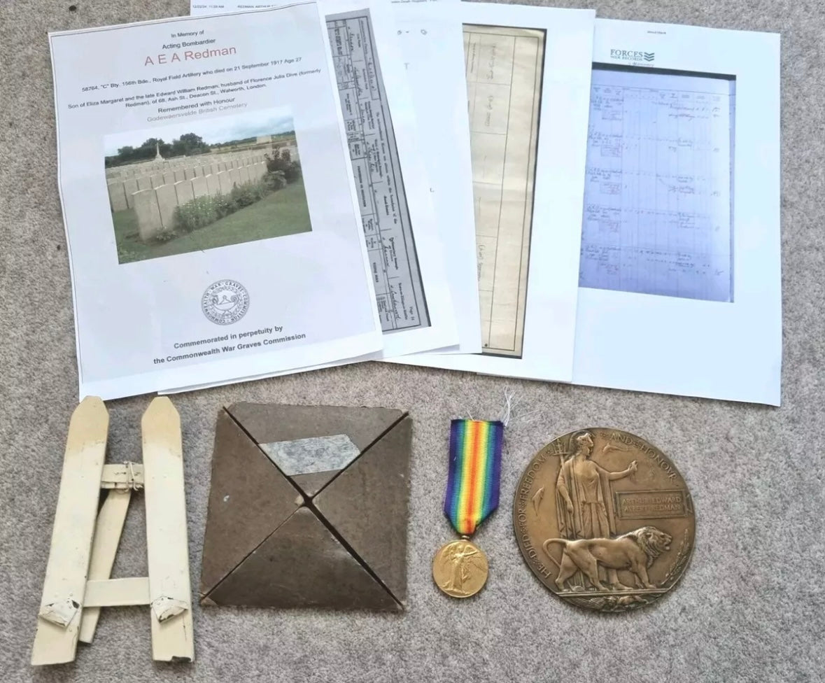 SOLD! WW1 Death Plaque & Medal Group to Author Edward Albert Redman, 156th Brigade, Royal Field Artillery