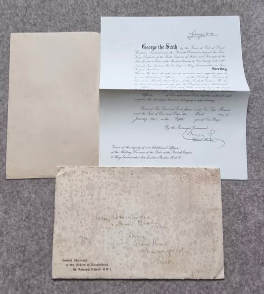 SOLD! WW2 OBE Certificate to Wing Commander Ian Brodie, close associate of T.E Lawrence (of Arabia) and Battle of Britain, Wing Commander
