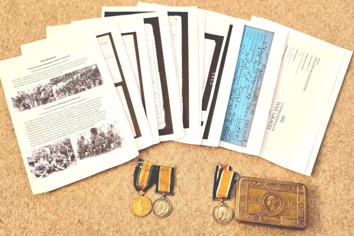 WW1 Medal Group & 1914 Princess Mary Christmas Tin to Alexander and William McNaughton, Highland Light Infantry and Argyll & Sutherland Highlanders