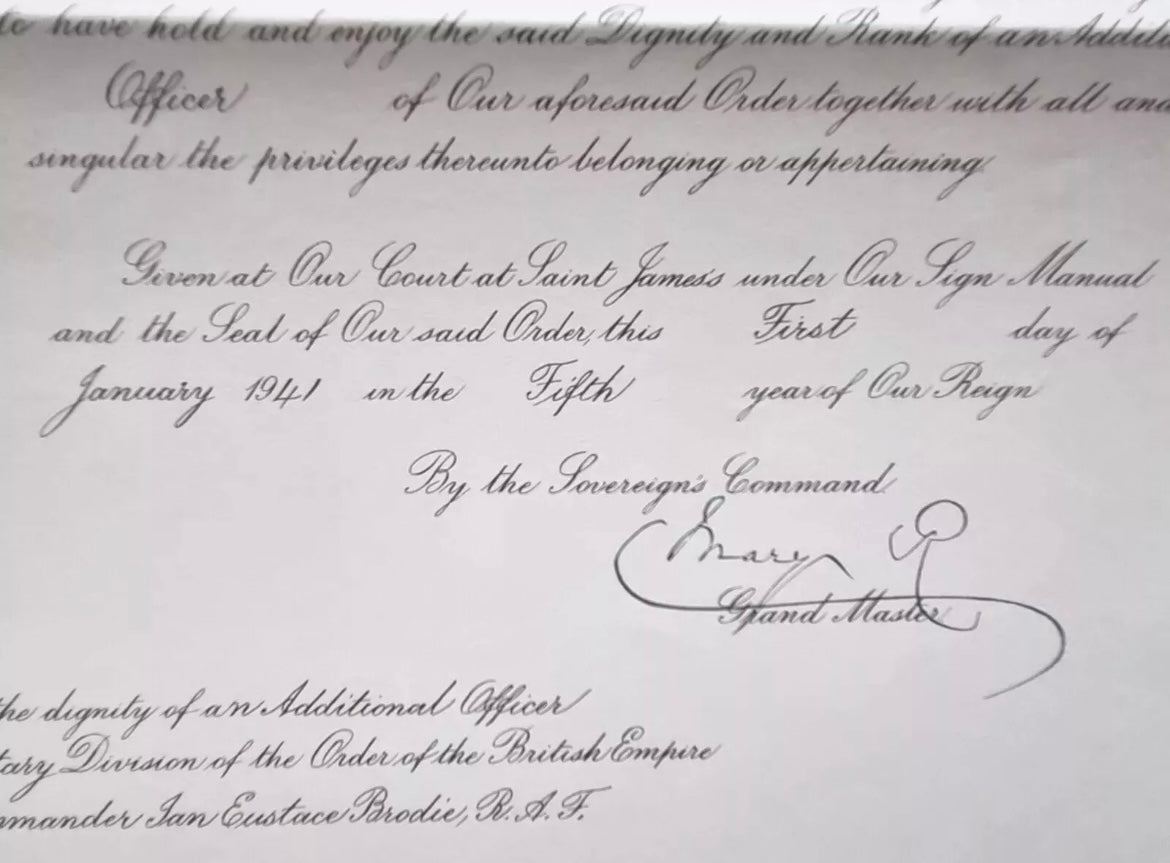 SOLD! WW2 OBE Certificate to Wing Commander Ian Brodie, close associate of T.E Lawrence (of Arabia) and Battle of Britain, Wing Commander