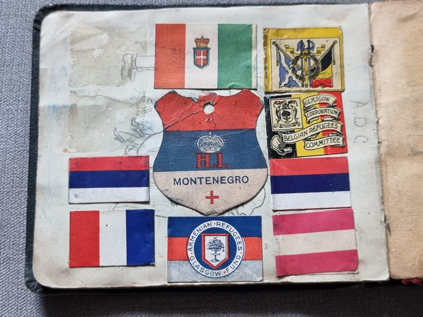 SOLD! Unique WW1 British Soldier’s Scrapbook/Photo and Penny Flag Album, with Cartoons