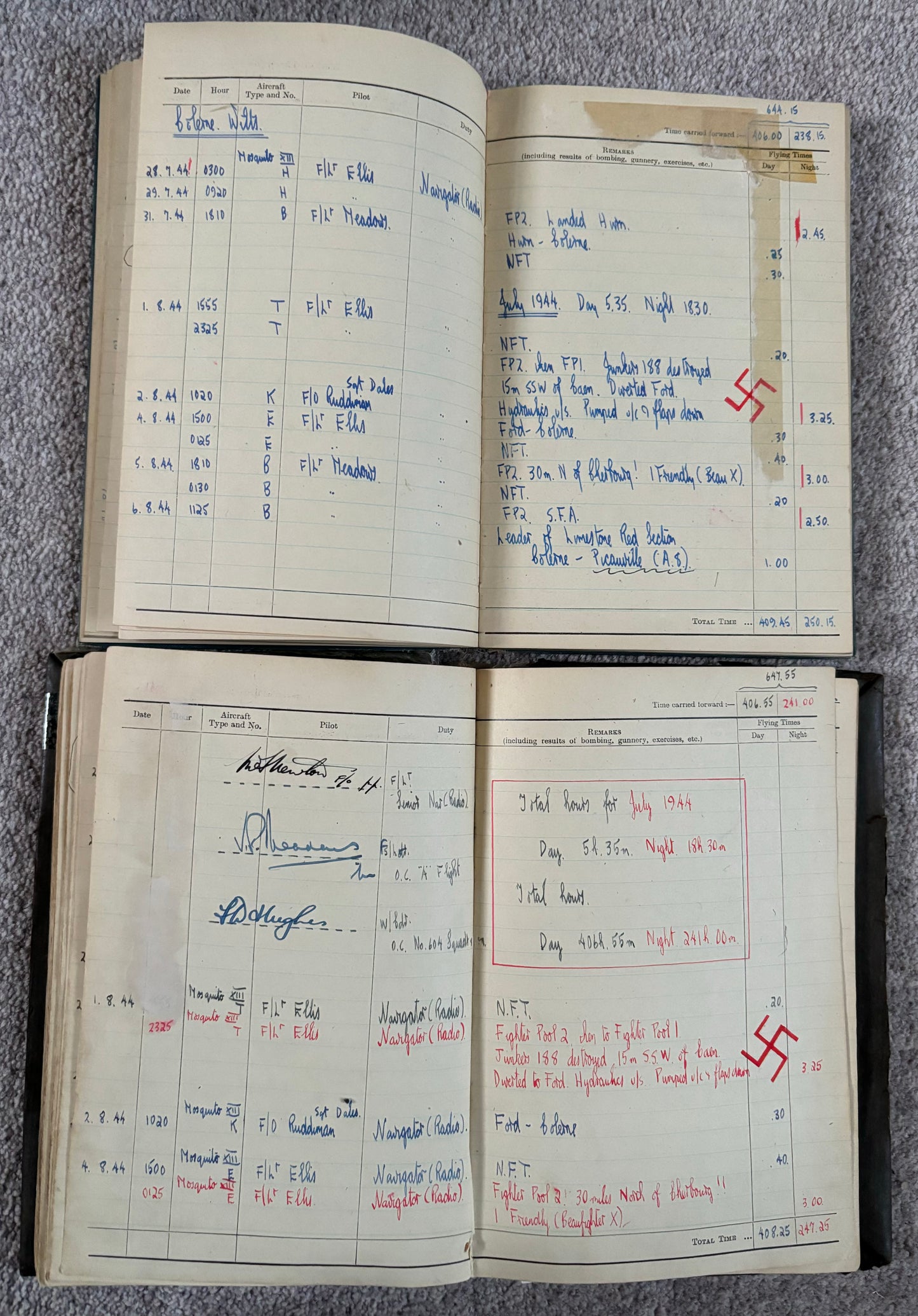 SOLD! Incredibly Special Logbook Set to a Mosquito Night Fighter, 604 Squadron, 2 Confirmed Kills, D-Day, Battle of the Bulge, First Night Fighter Squadron into Normandy
