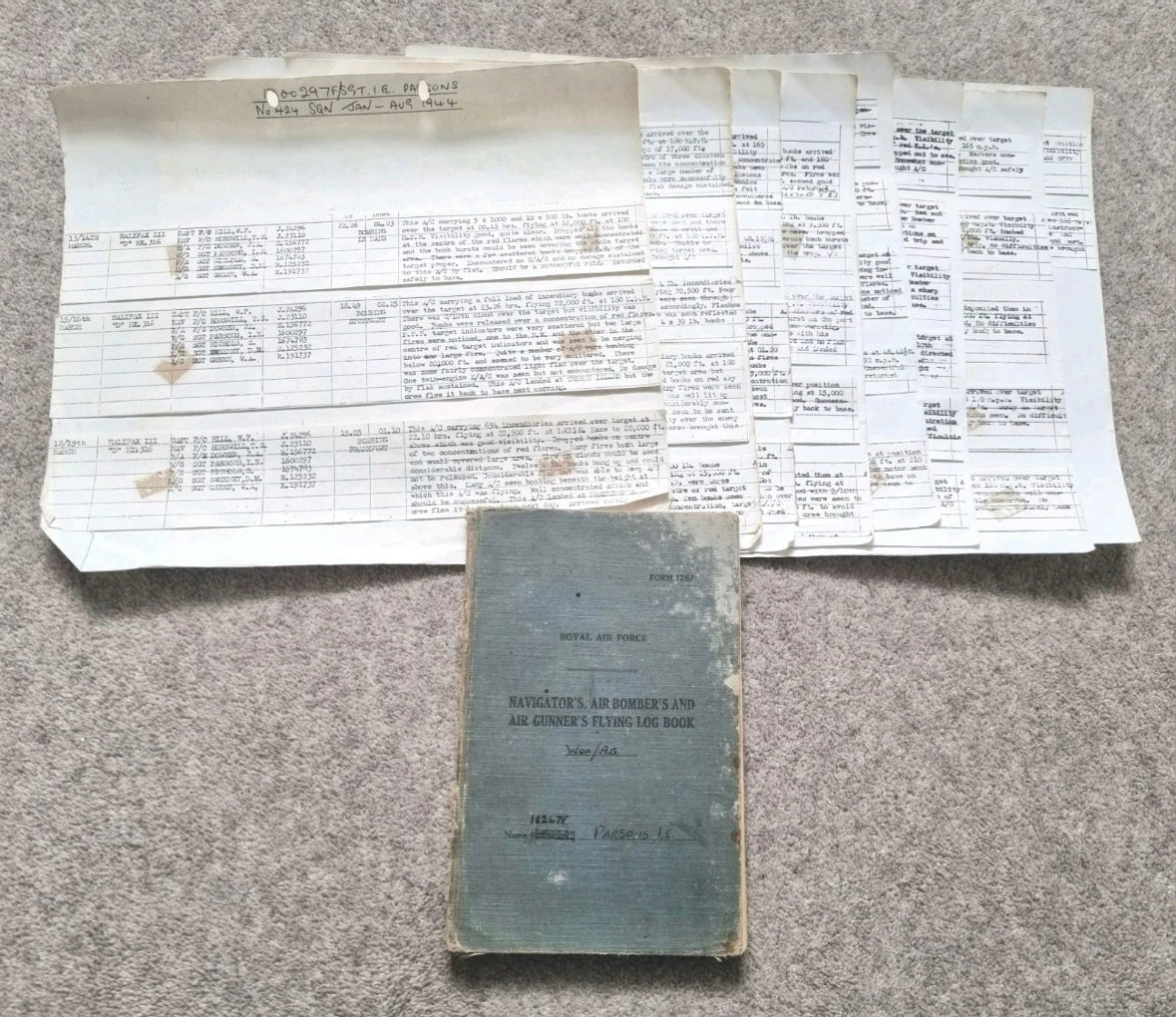 WW2 RAF Flying Log Book to Air Gunner I. E. Parsons with 37 Bombing Operations including DDAY with Combat Reports