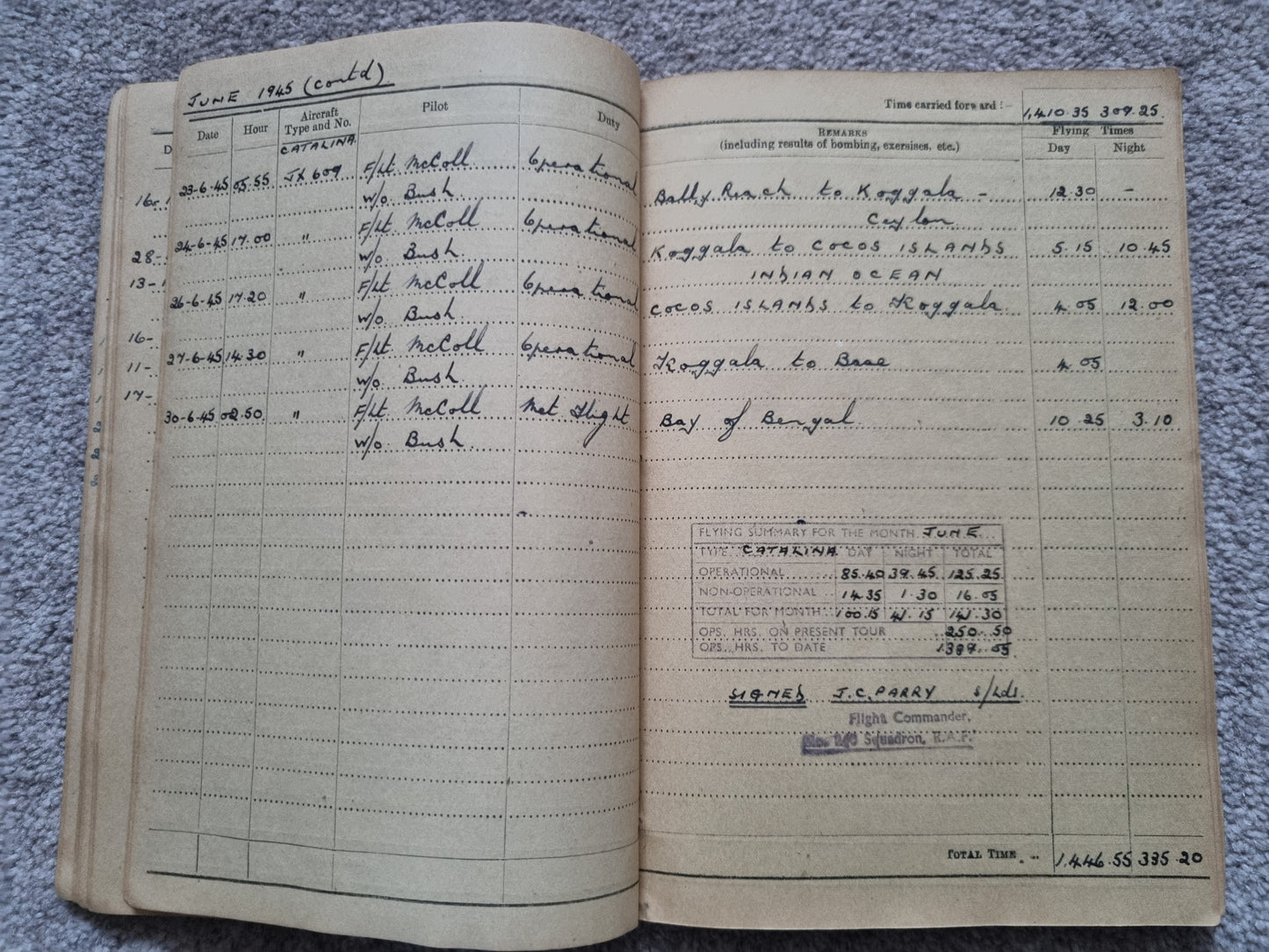 SOLD! WW2 Indian Airforce Flying Log Book to Gerald Jarman, Air Gunner/Observer, Anti Submarine Warfare