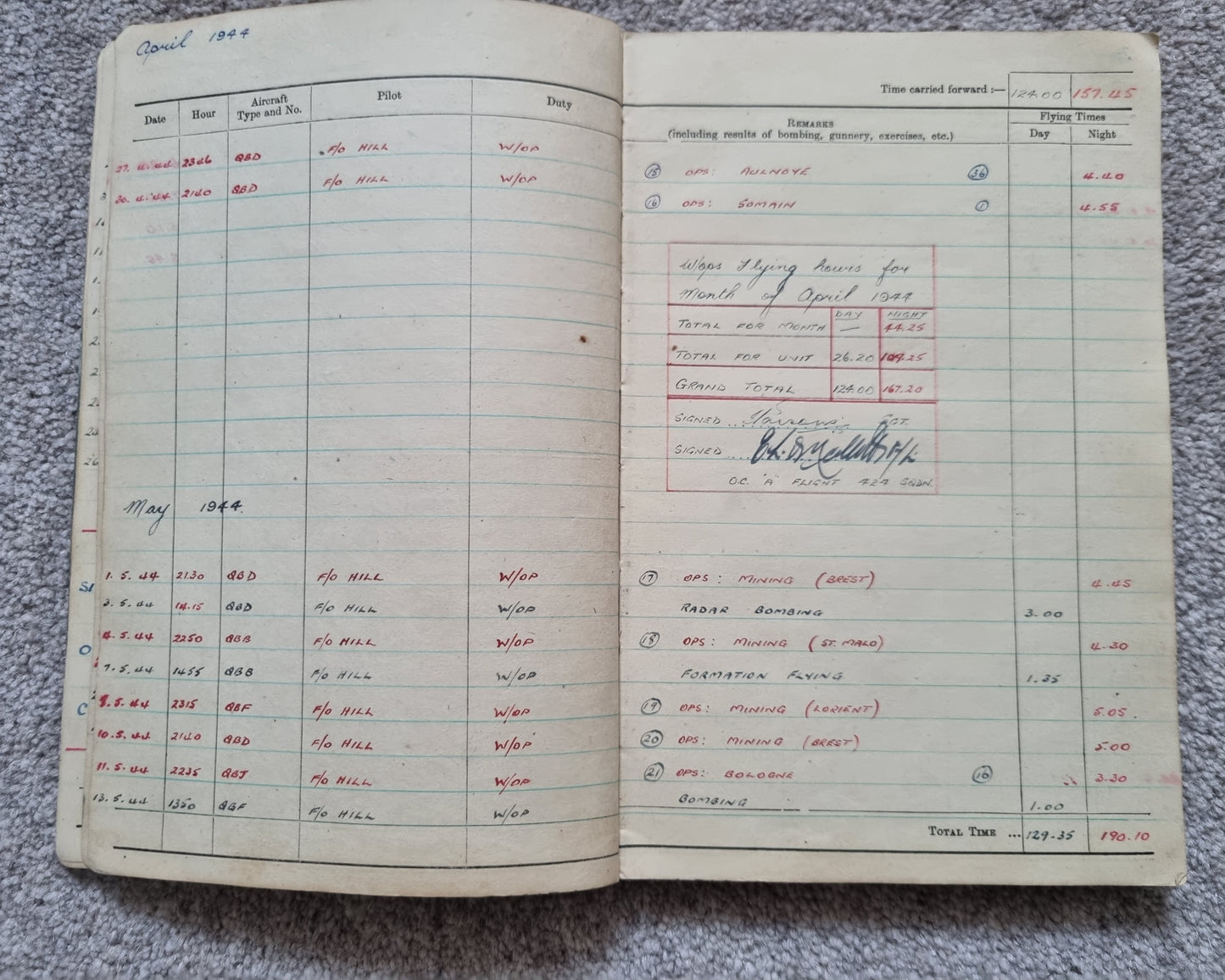 WW2 RAF Flying Log Book to Air Gunner I. E. Parsons with 37 Bombing Operations including DDAY with Combat Reports
