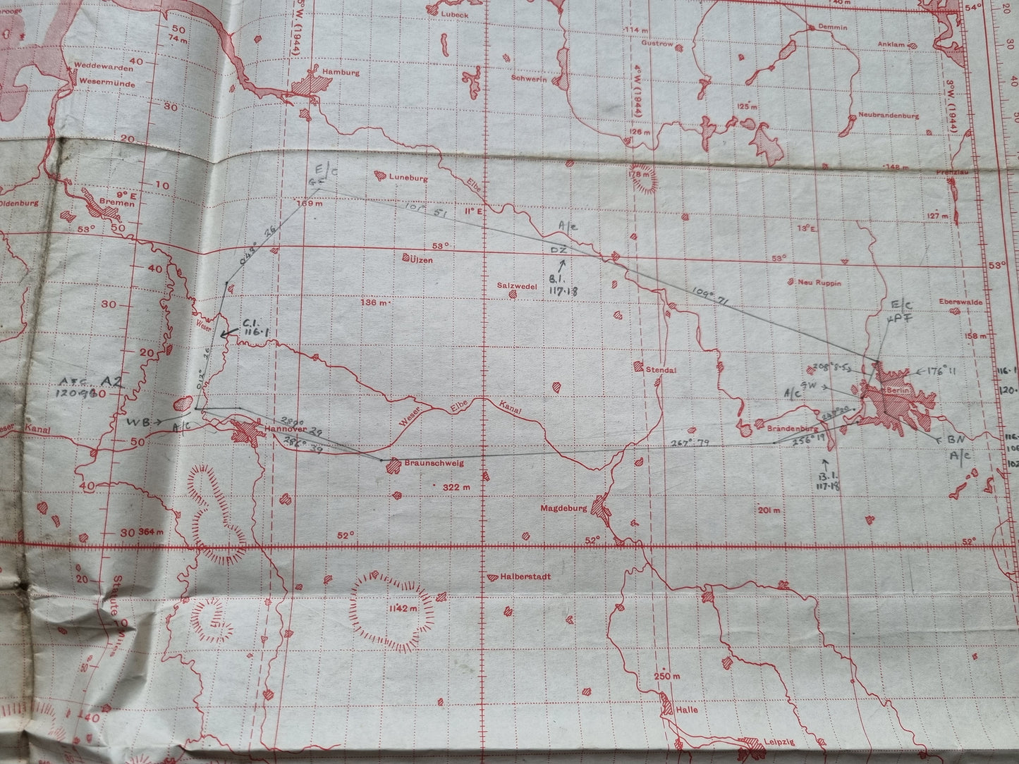 WW2 RAF June 1944 Plotting Map of Western Germany with Operational Markings over Berlin