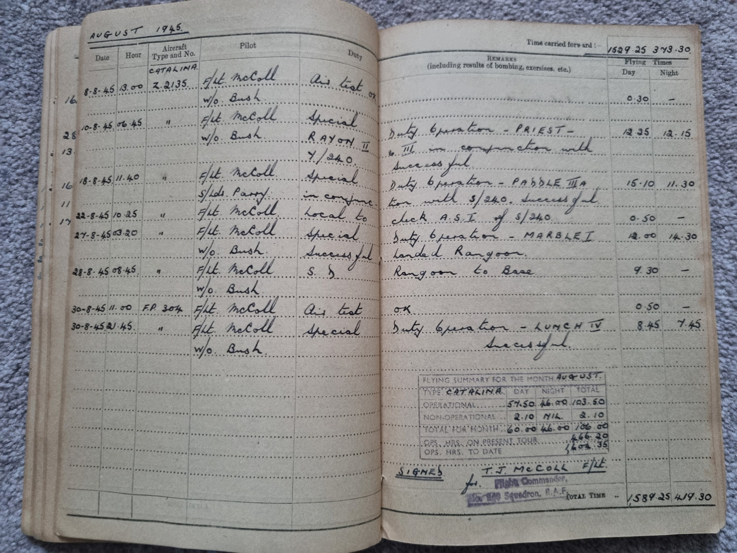 SOLD! WW2 Indian Airforce Flying Log Book to Gerald Jarman, Air Gunner/Observer, Anti Submarine Warfare