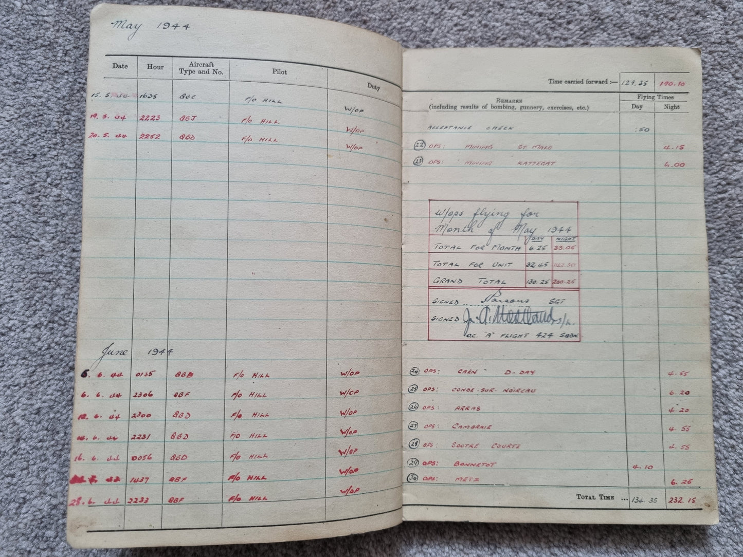 WW2 RAF Flying Log Book to Air Gunner I. E. Parsons with 37 Bombing Operations including DDAY with Combat Reports