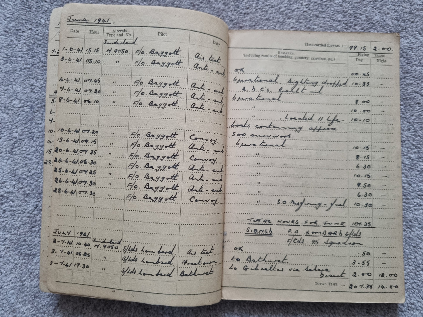 SOLD! WW2 Indian Airforce Flying Log Book to Gerald Jarman, Air Gunner/Observer, Anti Submarine Warfare