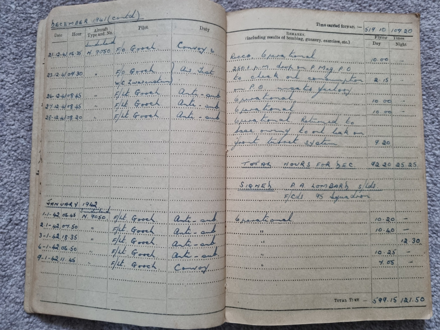 SOLD! WW2 Indian Airforce Flying Log Book to Gerald Jarman, Air Gunner/Observer, Anti Submarine Warfare