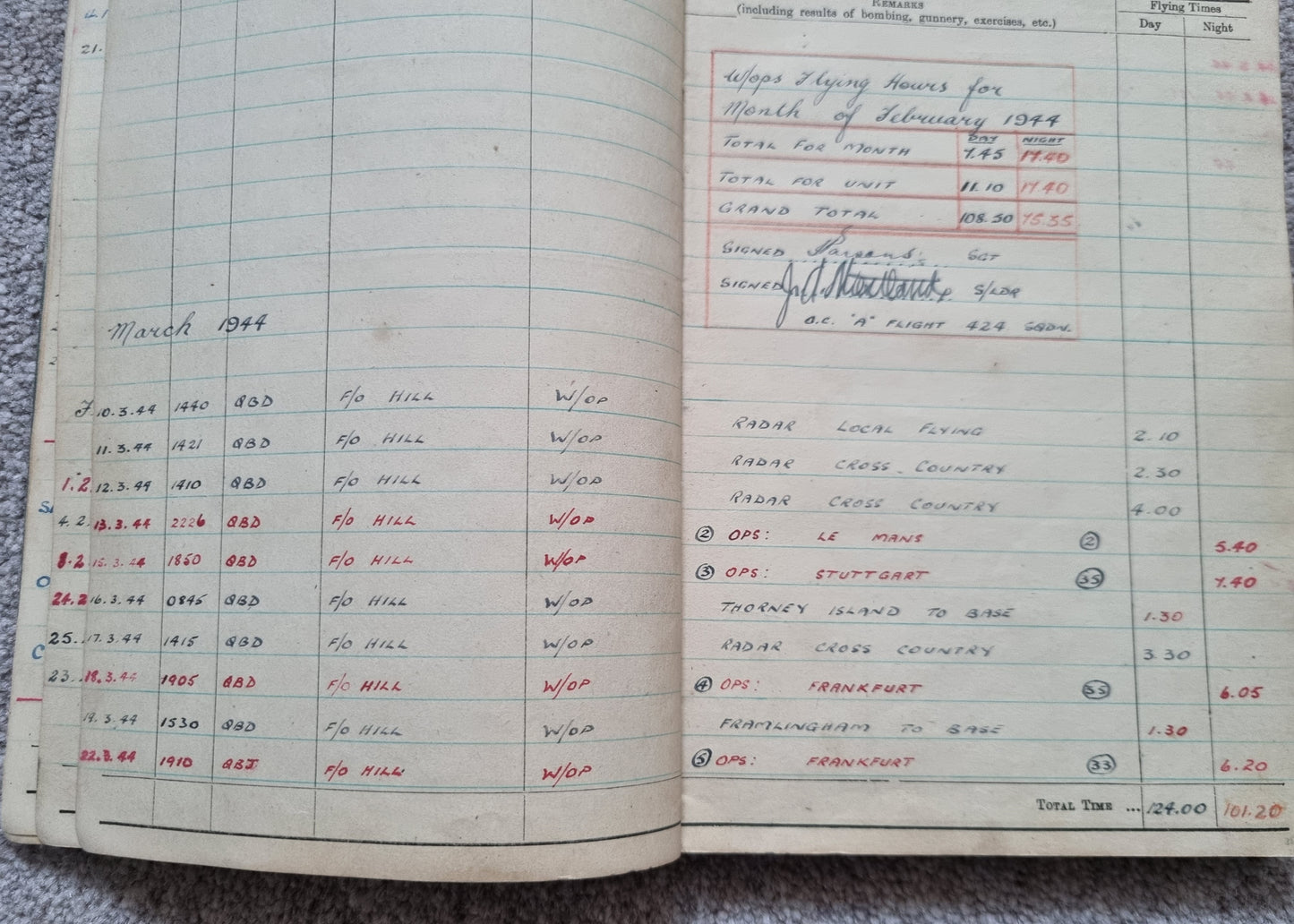 WW2 RAF Flying Log Book to Air Gunner I. E. Parsons with 37 Bombing Operations including DDAY with Combat Reports
