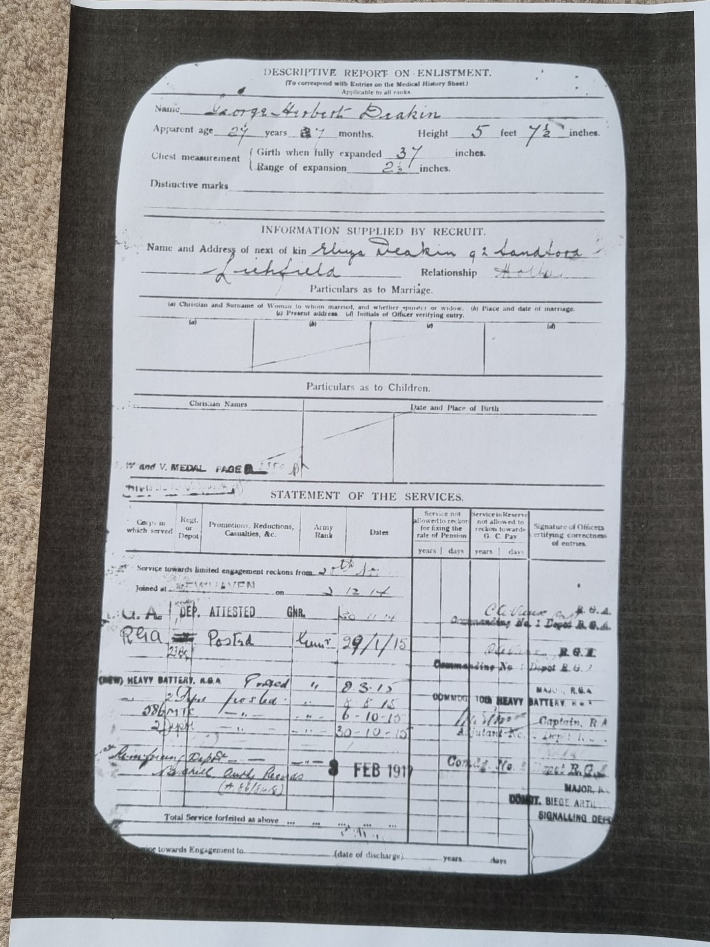SOLD! WW1 British Medal Trio to George Deakin, 355 Siege Battery, Royal Garrison Artillery, Demoted at Own Request