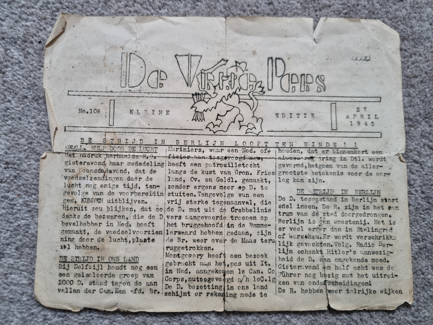Rare WW2 Dutch Resistance Set - Plaque, Flag, Air Drop Leaflets & Newspapers