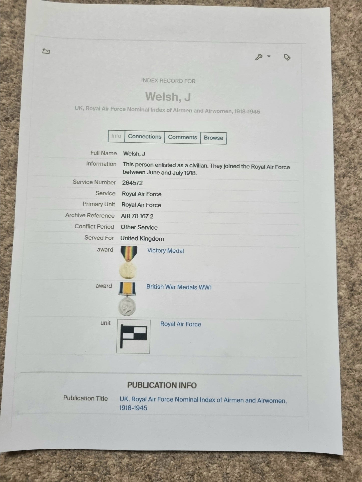 SOLD! WW1 British Medal Duo Private J Welsh Royal Air Force RAF