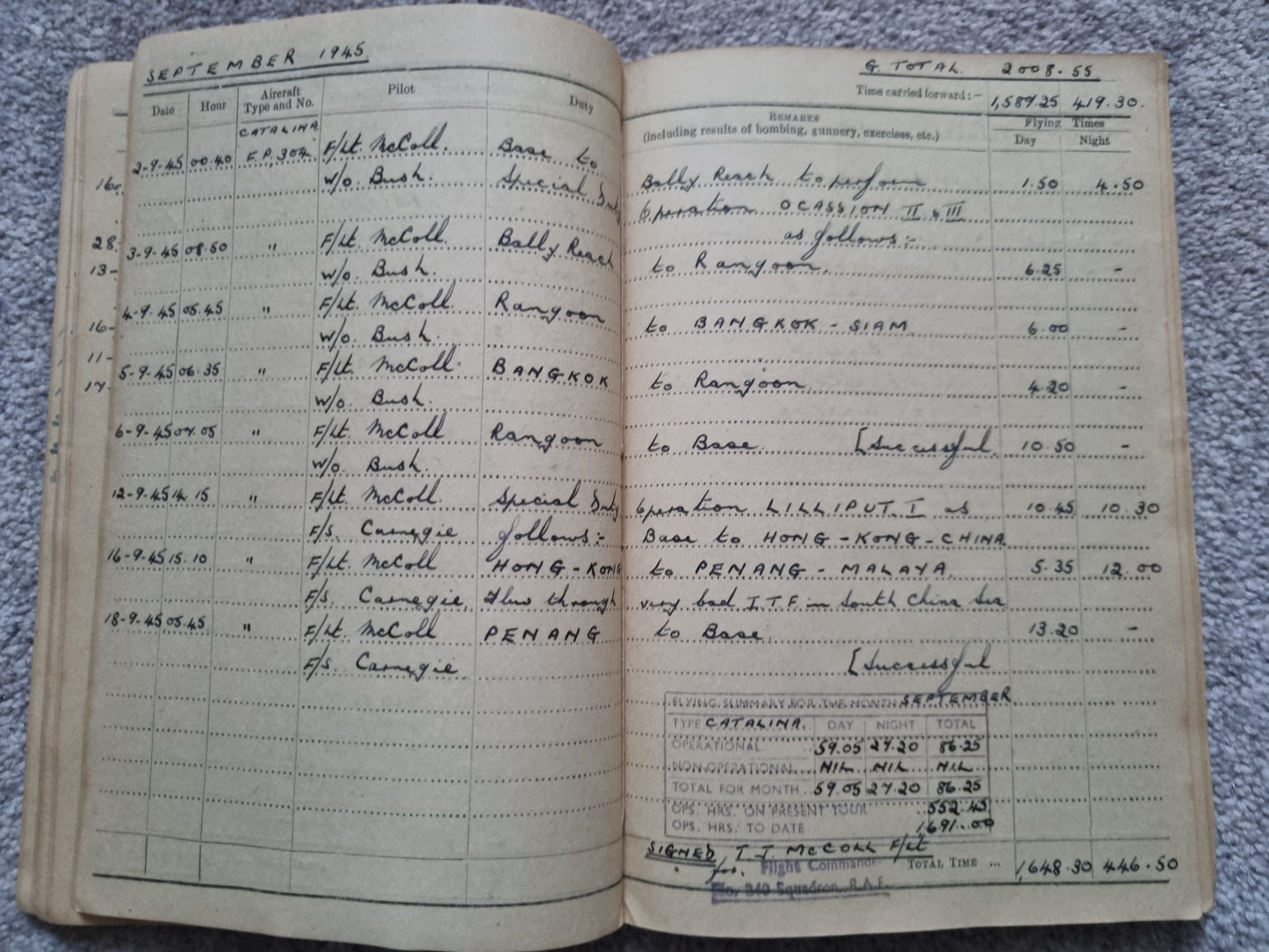 SOLD! WW2 Indian Airforce Flying Log Book to Gerald Jarman, Air Gunner/Observer, Anti Submarine Warfare