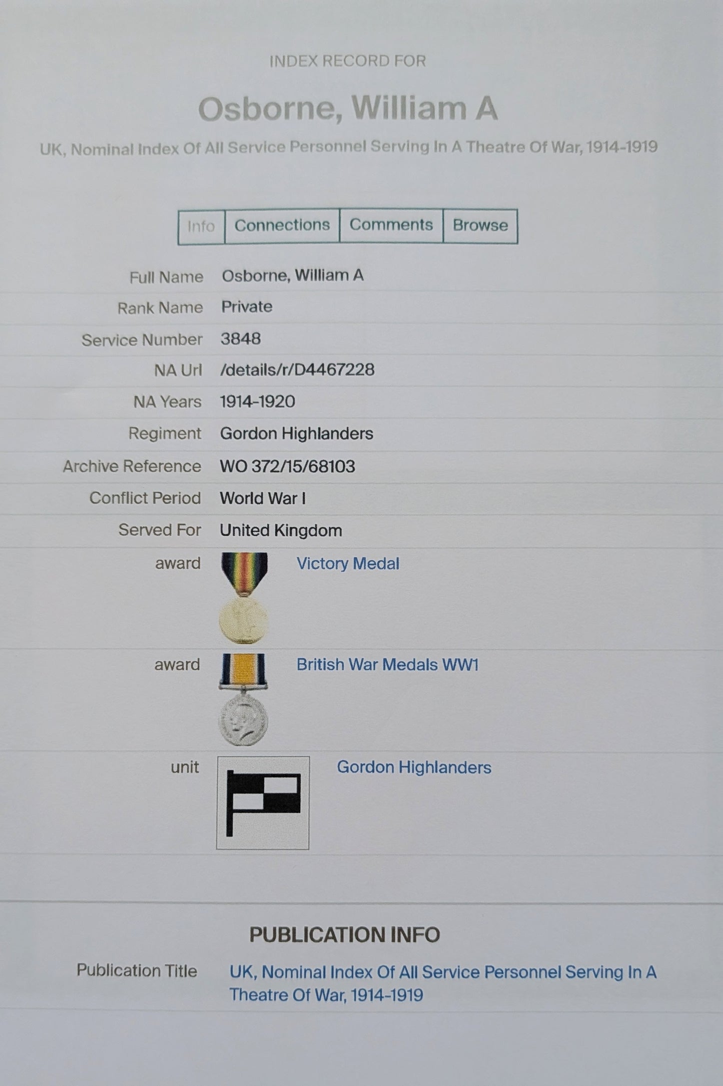 WW1 British Army Gordon Highlanders Sporran & WW1 War Medal - Both Named to William A Osborne