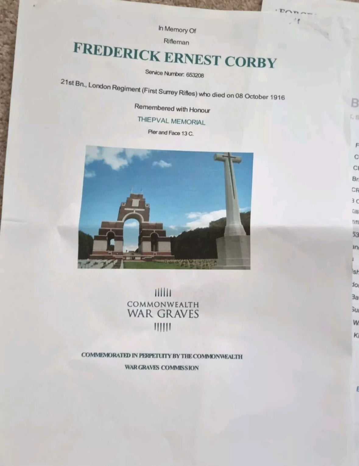 WW1 Death Plaque to Private Frederick Ernest Corby, 1st Surrey Rifles (London Regiment)