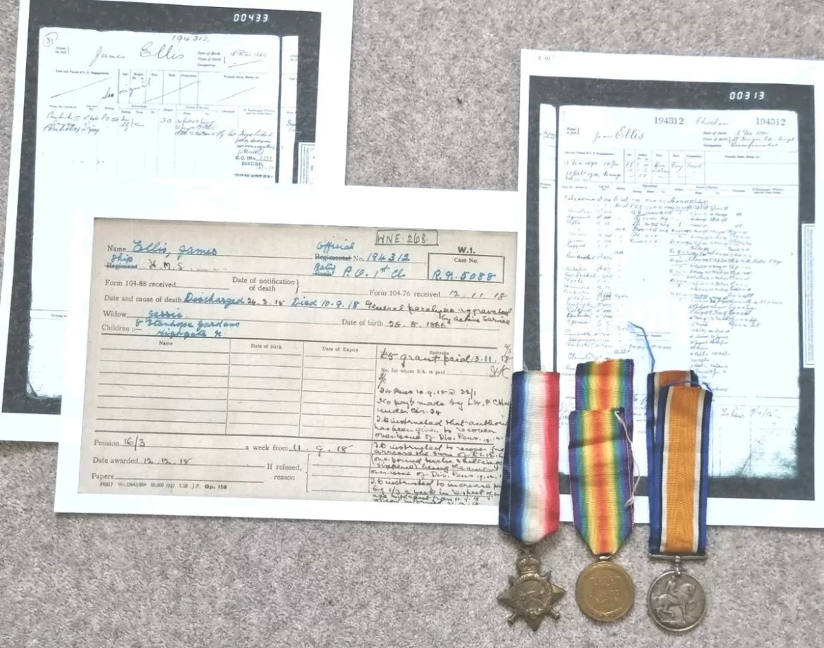 SOLD! WW1 Medal Trio to Petty Officer (1st Class) James Ellis, Who Died as a Result of His Service- Royal Navy